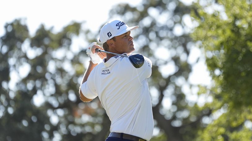 Patton Kizzire watches his shot from the 10th tee during the third round of the Procore Championship golf tournament at the Silverado Resort North Course, Saturday, Sept. 14, 2024, in Napa, Calif. (AP Photo/Godofredo A. Vásquez)