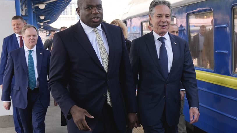 U.S. Secretary of State Antony Blinken and British Foreign Secretary David Lammy arrive at the train station in Kyiv, Ukraine, Wednesday, Sept. 11, 2024. (AP Photo/Mark Schiefelbein, Pool)