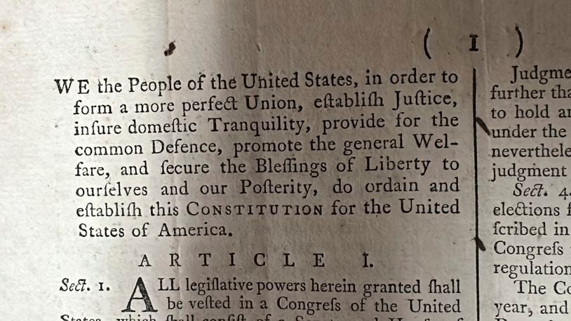 Part of an 1787 copy of the U.S. Constitution that will be put up for auction on Sept. 28, 2024 is shown at Bruck Auctions in Asheville, North Carolina, on Thursday, Sept. 5. (AP Photo/Jeffrey Collins)