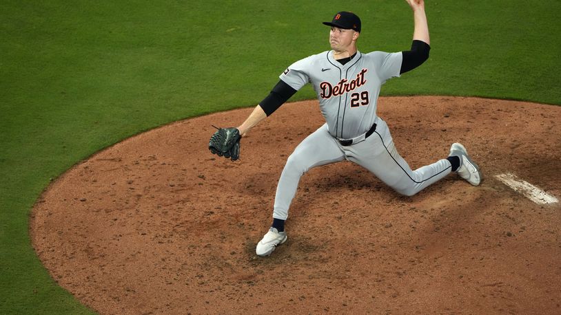 Detroit Tigers starting pitcher Tarik Skubal throws during the fifth inning of a baseball game against the Kansas City Royals Wednesday, Sept. 18, 2024, in Kansas City, Mo. (AP Photo/Charlie Riedel)