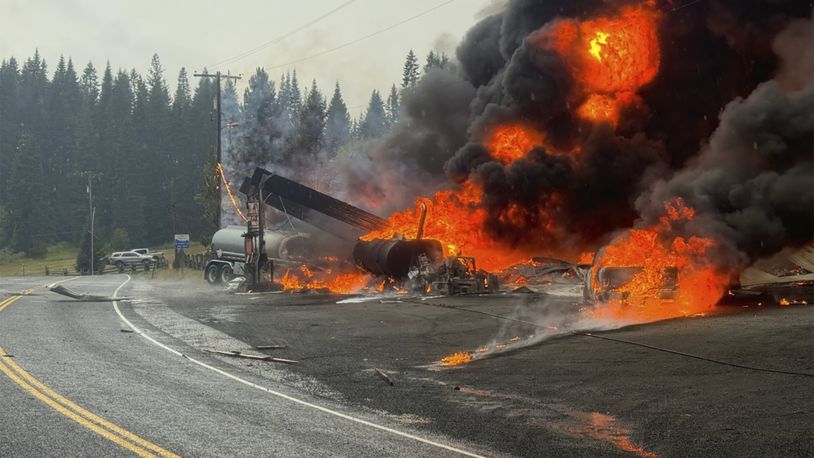 A fire burns at the gas station after an explosion on Wednesday, Sept. 12, 2024 in Cardiff, Idaho. (Clearwater County Sheriff's Office via AP).