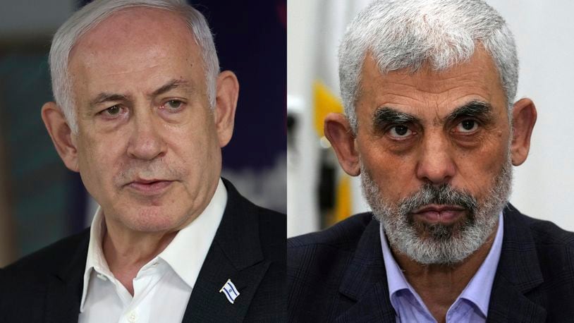 This combination of photos shows Israeli Prime Minister Benjamin Netanyahu, left, in Ramat Gan, Israel, on June 8, 2024, and Hamas leader Yahya Sinwar in Gaza City, on April 13, 2022. (AP Photo)