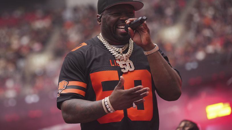 50 Cent performs a Canadian Football League game between the Calgary Stampeders and the BC Lions on Saturday, June 15, 2024, in Vancouver, British Columbia. (Darryl Dyck/The Canadian Press via AP)