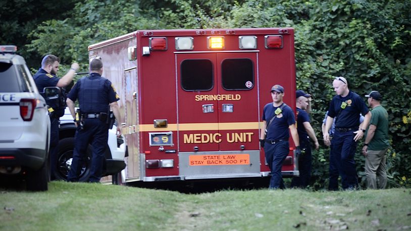 The scene of a water rescue in the Mad River along First Street near Forest Lake in Springfield Monday, Sept. 4, 2023. MARSHALL GORBY \STAFF