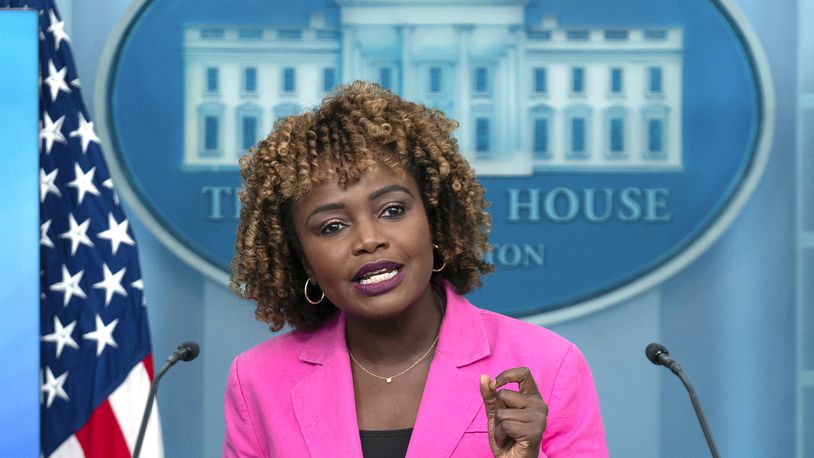 White House press secretary Karine Jean-Pierre speaks during the daily briefing at the White House in Washington, Thursday, Sept. 12, 2024. (AP Photo/Jose Luis Magana)