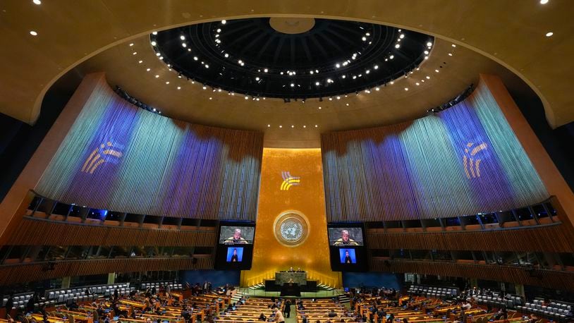 Mexico's Foreign Secretary Alicia Bárcena speaks to the United Nations General Assembly during Summit of the Future, Sunday, Sept. 22, 2024 at U.N. headquarters. (AP Photo/Frank Franklin II)