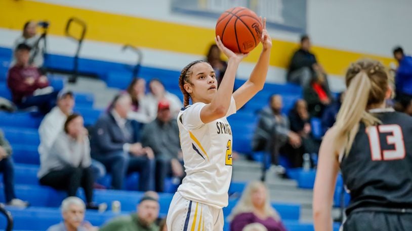 Springfield's Milly Portis takes a shot vs. Beavercreek in a Greater Western Ohio Conference girls basketball game on Monday, Jan. 29, 2024. Michael Cooper/CONTRIBUTED