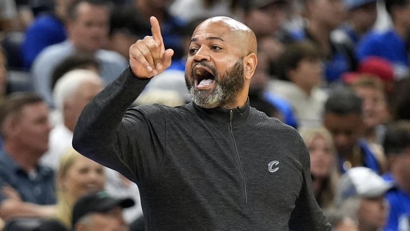FILE - Cleveland Cavaliers head coach J.B. Bickerstaff shouts at his team during the first half of Game 6 of an NBA basketball first-round playoff series against the Orlando Magic, May 3, 2024, in Orlando, Fla. The Detroit Pistons have agreed to a four-year contract with a team option for a fifth season with coach Bickerstaff, according to a person familiar with the situation. The person spoke to The Associated Press on Sunday, June 30, on condition of anonymity because the agreement had not been announced. (AP Photo/John Raoux, File)