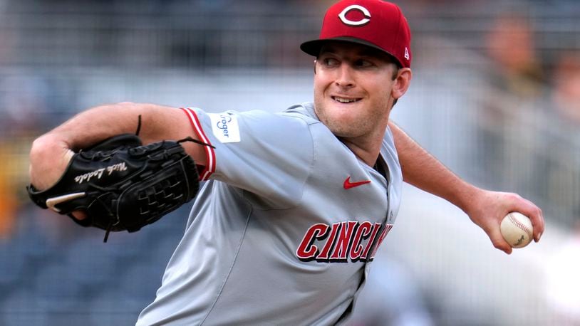 Cincinnati Reds starting pitcher Nick Lodolo delivers during the first inning of the team's baseball game against the Pittsburgh Pirates in Pittsburgh, Tuesday, June 18, 2024. (AP Photo/Gene J. Puskar)