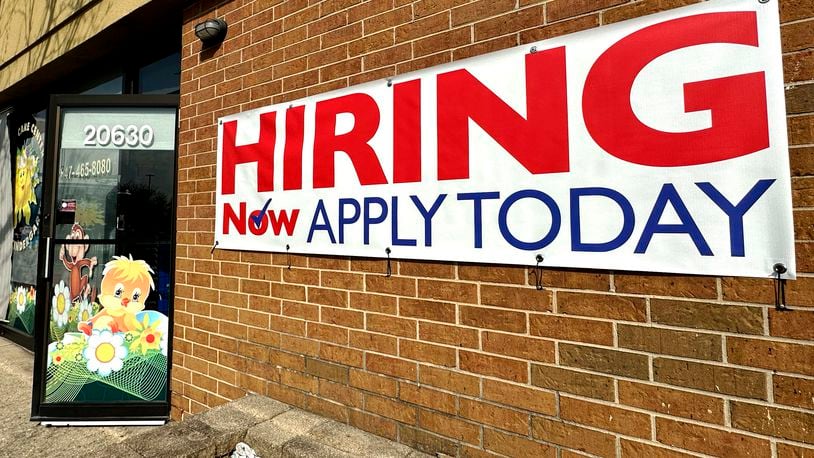 FILE - A hiring sign is displayed in Riverwoods, Ill., on April 16, 2024. On Thursday, June 27, 2024, the government reports on the number of Americans who applied for unemployment benefits last week. (AP Photo/Nam Y. Huh, File)