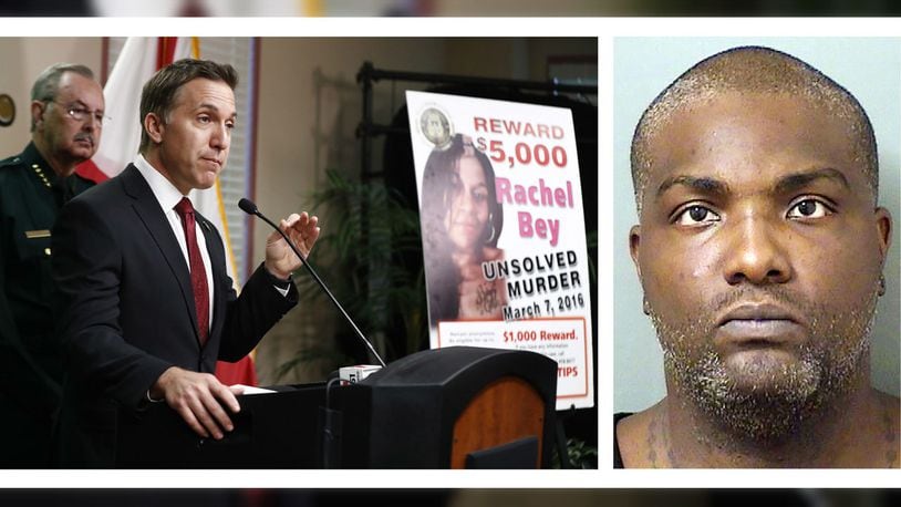 Palm Beach County State Attorney Dave Aronberg speaks during a news conference Monday, Sept. 16, 2019, in West Palm Beach, Fla. Authorities on Sunday arrested suspected serial killer Robert Hayes, at right, in the March 2016 slaying of Rachel Bey.