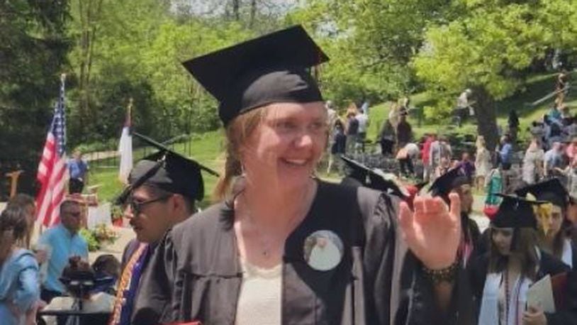 Kat Combs recently graduated from Wittenberg University and is working to help those with substance addiction issues and will perform a monologue in a show addressing such issues this weekend. She wore a button with her late father's photo as a tribute during her graduation ceremony.