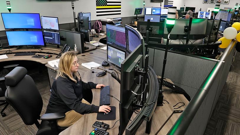 Clark County dispatcher Alexandra Rollins-Gonzalez at work in the new combined Clark County Dispatch Center Tuesday, Feb. 28, 2023. BILL LACKEY/STAFF