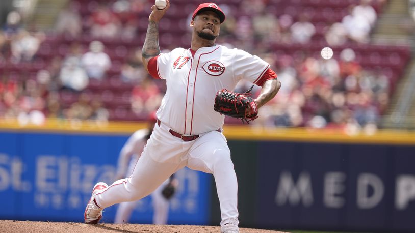 Cincinnati Reds starting pitcher Frankie Montas throws in the first inning of a baseball game against the San Diego Padres, Thursday, May 23, 2024, in Cincinnati. (AP Photo/Carolyn Kaster)