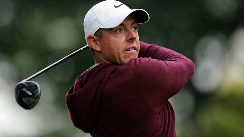 Rory McIlroy attends the day one of the BMW PGA Championship at Wentworth Golf Club in Virginia Water, Surrey, England, Thursday, September 19, 2024. (Zac Goodwin/PA via AP)