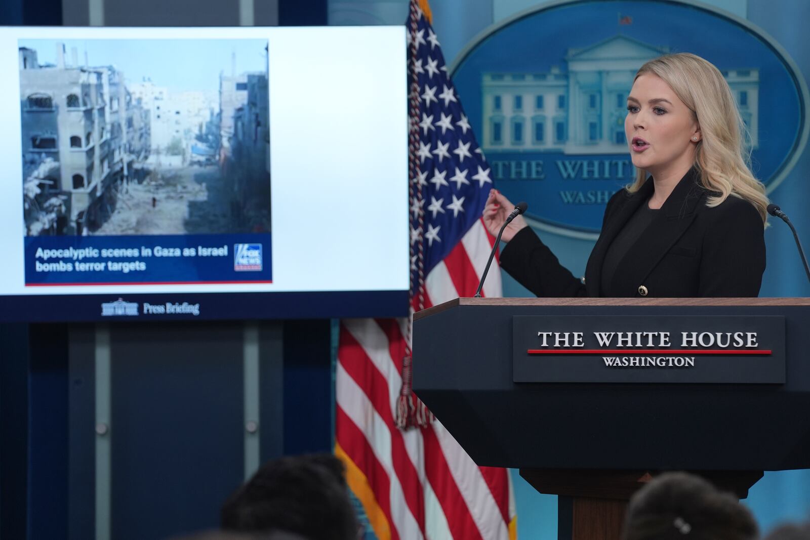 White House press secretary Karoline Leavitt speaks during a briefing at the White House, Wednesday, Feb. 5, 2025, in Washington. (AP Photo/Evan Vucci)