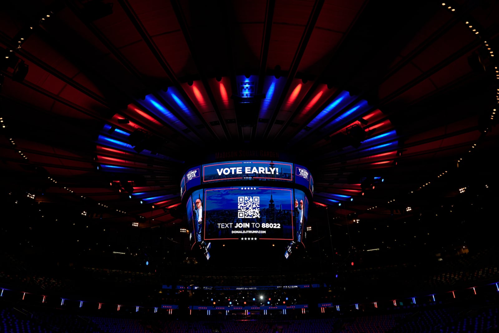 Screens inside the venue are pictured before a campaign rally for Republican presidential nominee former President Donald Trump at Madison Square Garden, Sunday, Oct. 27, 2024, in New York. (AP Photo/Julia Demaree Nikhinson)