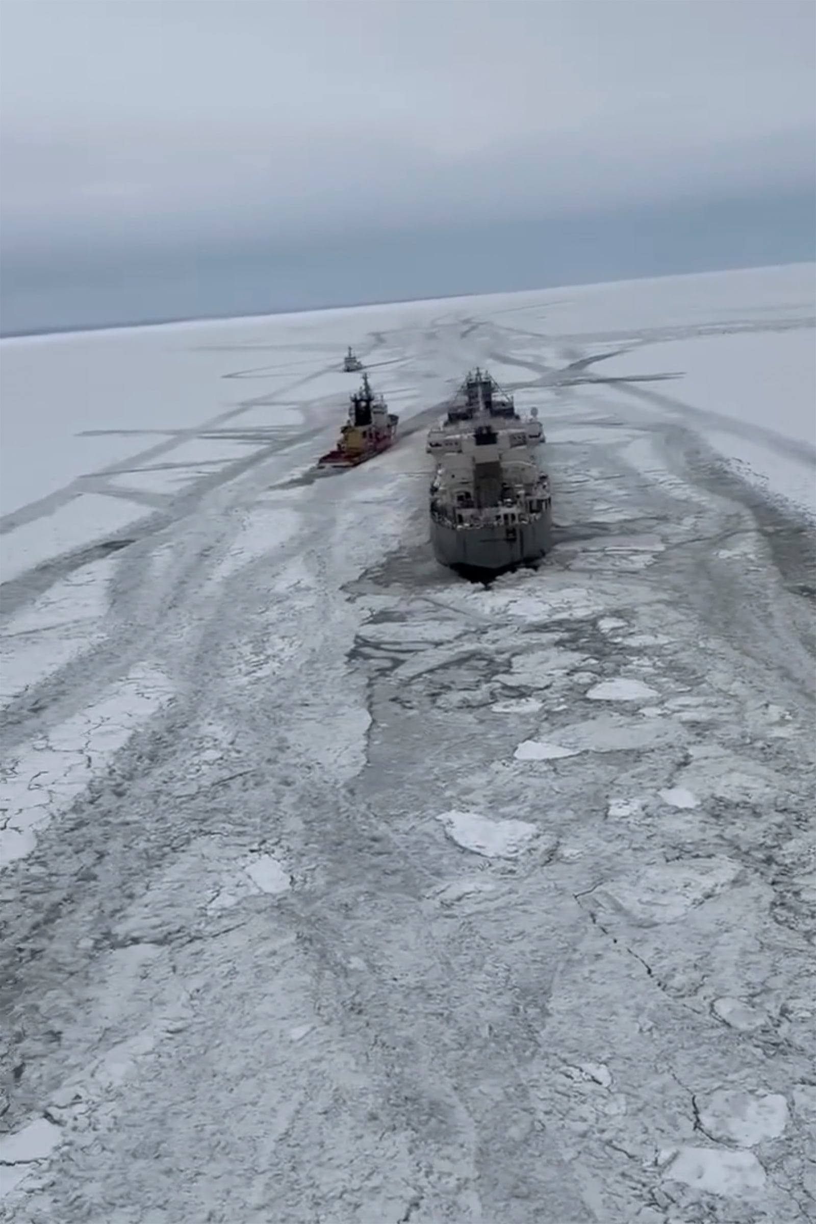 U.S. Coast Guard Air Station Detroit deploys a helicopter crew to conduct overflights of Canadian vessel Manitoulin trapped in a frozen Lake Erie on Saturday, Jan. 25, 2025 in Buffalo, N.Y. (U.S. Coast Guard Air Station Detroit via AP)