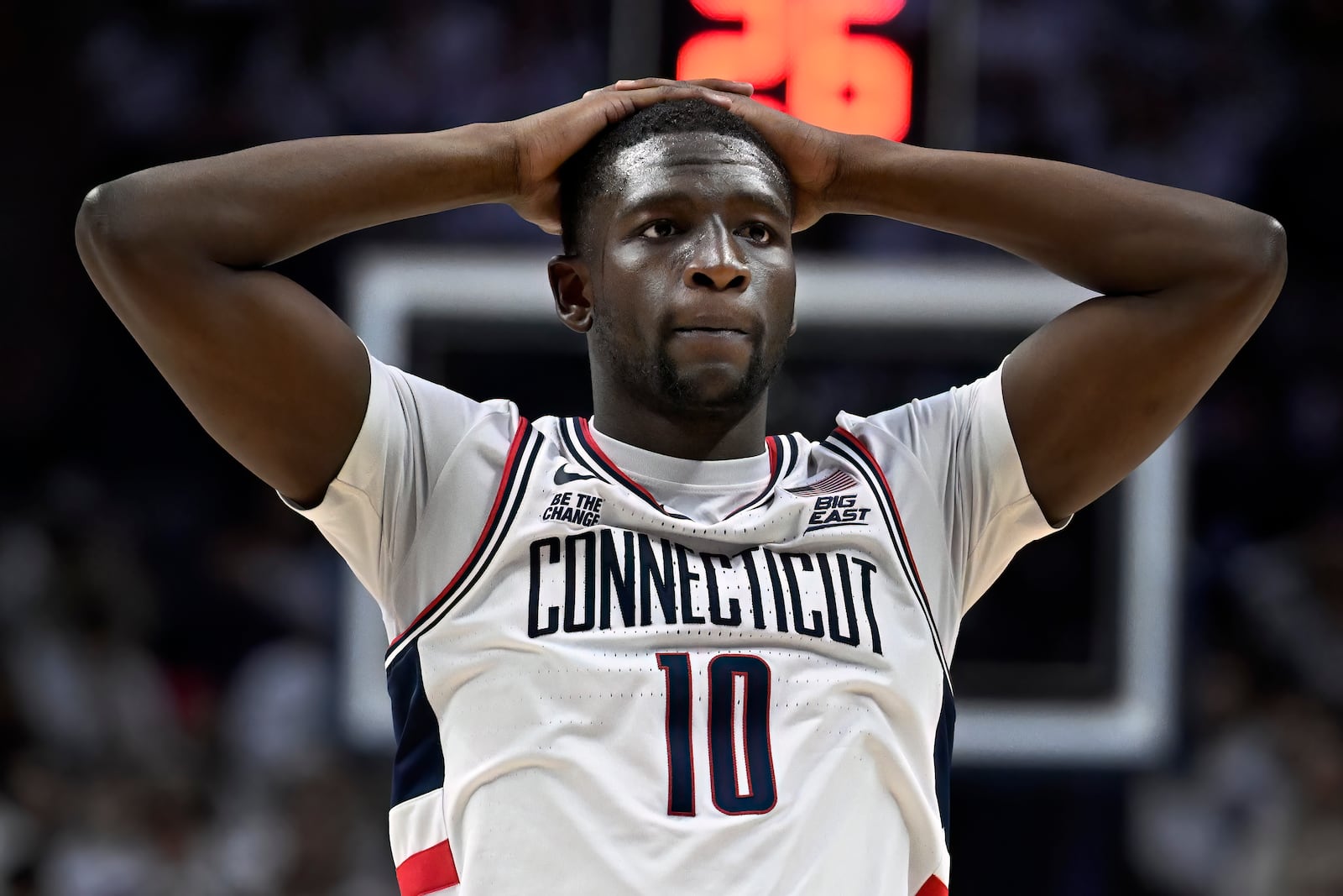 UConn guard Hassan Diarra (10) reacts in the second half of an NCAA college basketball game against St. John's , Friday, Feb. 7, 2025, in Storrs, Conn. (AP Photo/Jessica Hill)