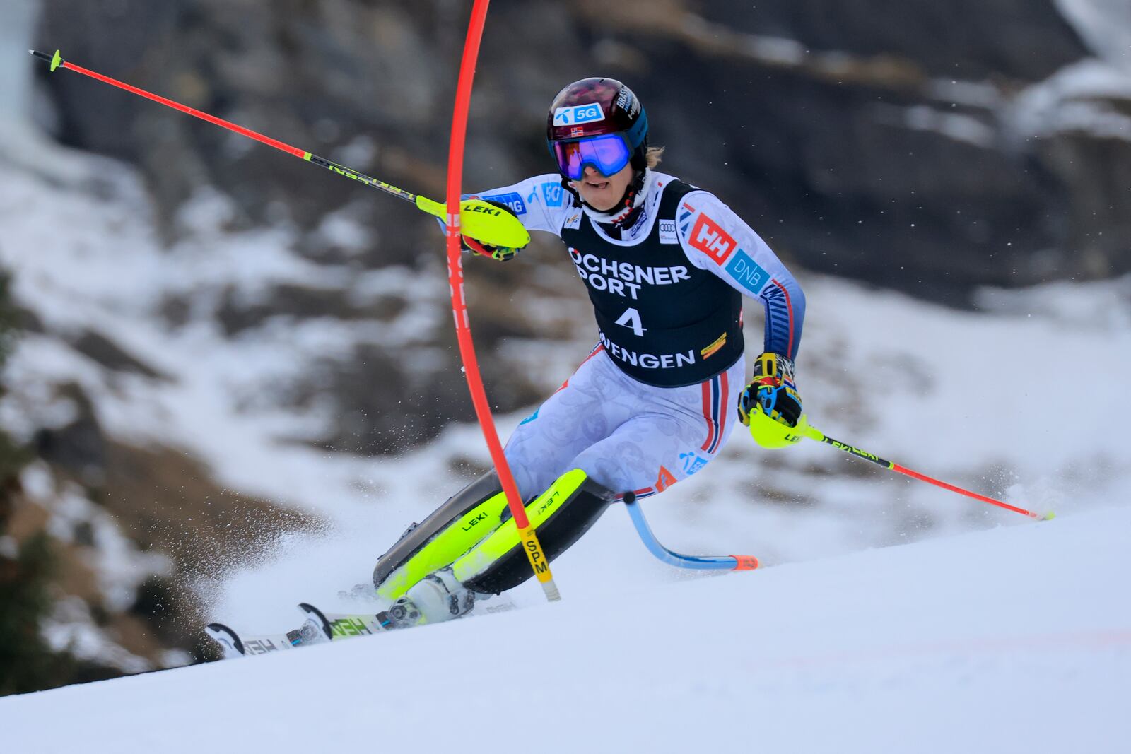 Norway's Atle Lie McGrath competes in an alpine ski, men's World Cup slalom, in Wengen, Switzerland, Sunday, Jan. 19, 2025 (AP Photo/Giovanni Maria Pizzato)