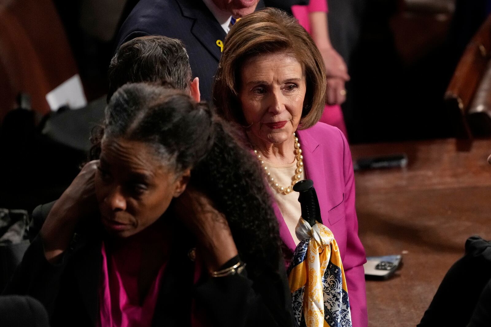 Rep. Nancy Pelosi, D-Calif., arrives before President Donald Trump addresses a joint session of Congress in the House chamber at the U.S. Capitol in Washington, Tuesday, March 4, 2025. (AP Photo/Julia Demaree Nikhinson)