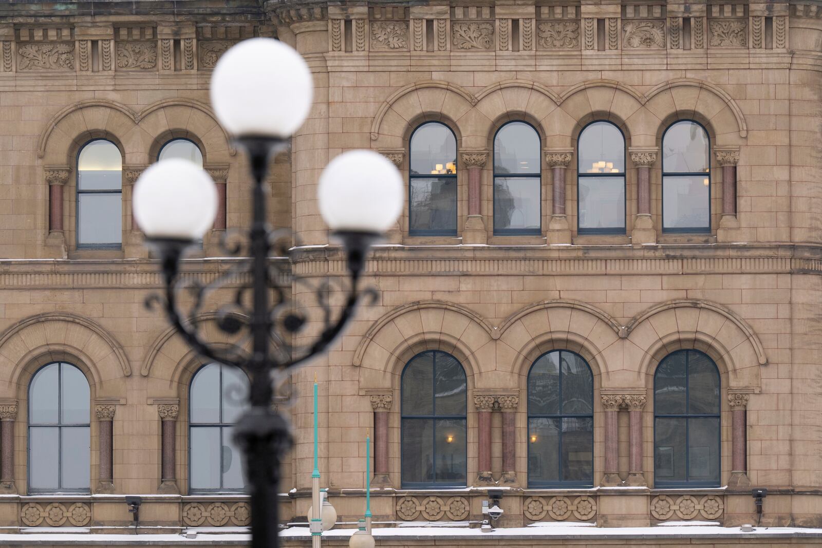 Lights illuminate the prime minister's office in the Office of the Prime Minister and Privy Council in the Parliamentary precinct, Monday, Feb. 3, 2025 in Ottawa. (Adrian Wyld/The Canadian Press via AP)