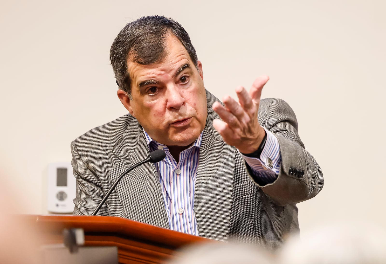 Ohio State Senator George Lang voices his concerns during a special Hamilton city council meeting to discuss the Miami Conservancy District assessment increase staff Thursday, April 18, 2024 in Hamilton. NICK GRAHAM/STAFF