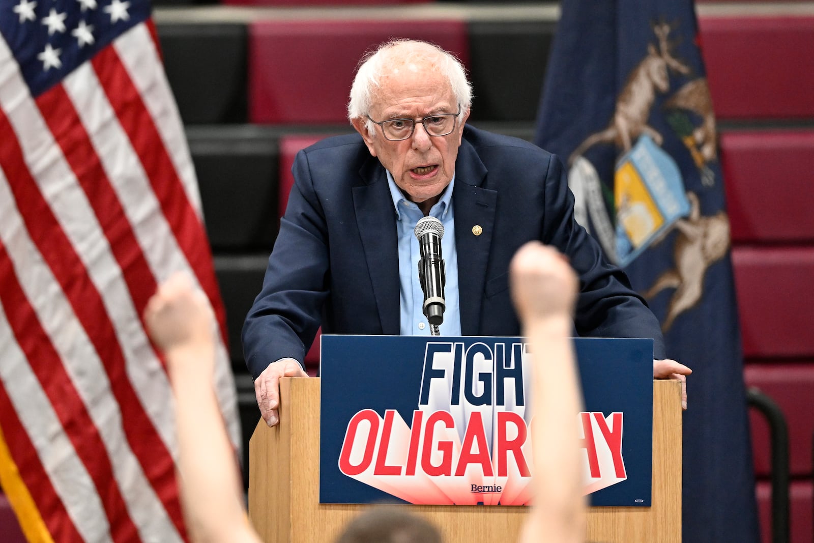 Sen. Bernie Sanders, I-Vt., speaks during a "Fighting Oligarchy: Where We Go From Here" event Saturday, March 8, 2025 at Lincoln High School in Warren, Mich. (AP Photo/Jose Juarez)