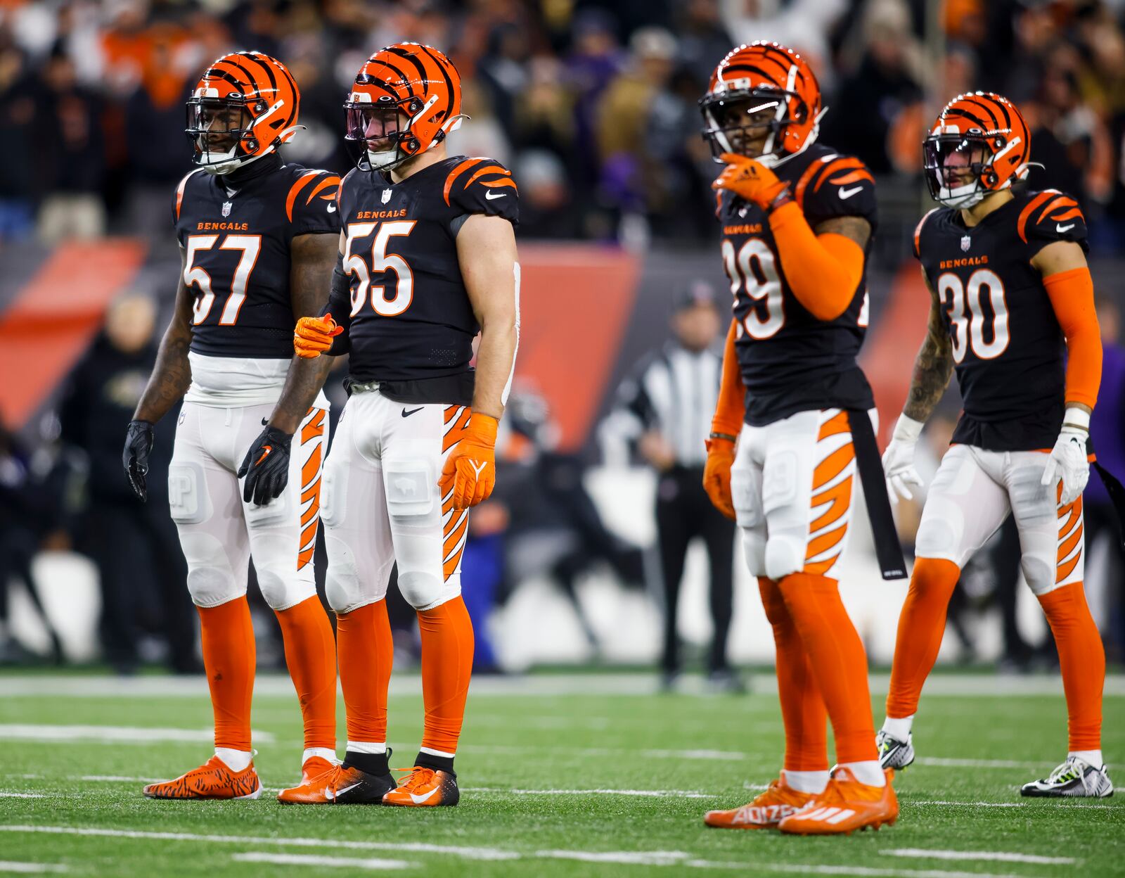 Cincinnati Bengals defenders Germaine Pratt (57), Logan Wilson (55), Cam Taylor-Britt (29) and Jessie Bates III (30) get ready for a play during their AFC Wild Card playoff football game Sunday, Jan. 15, 2023 at Paycor Stadium in Cincinnati. Cincinnati defeated Baltimore 24-17. NICK GRAHAM/STAFF