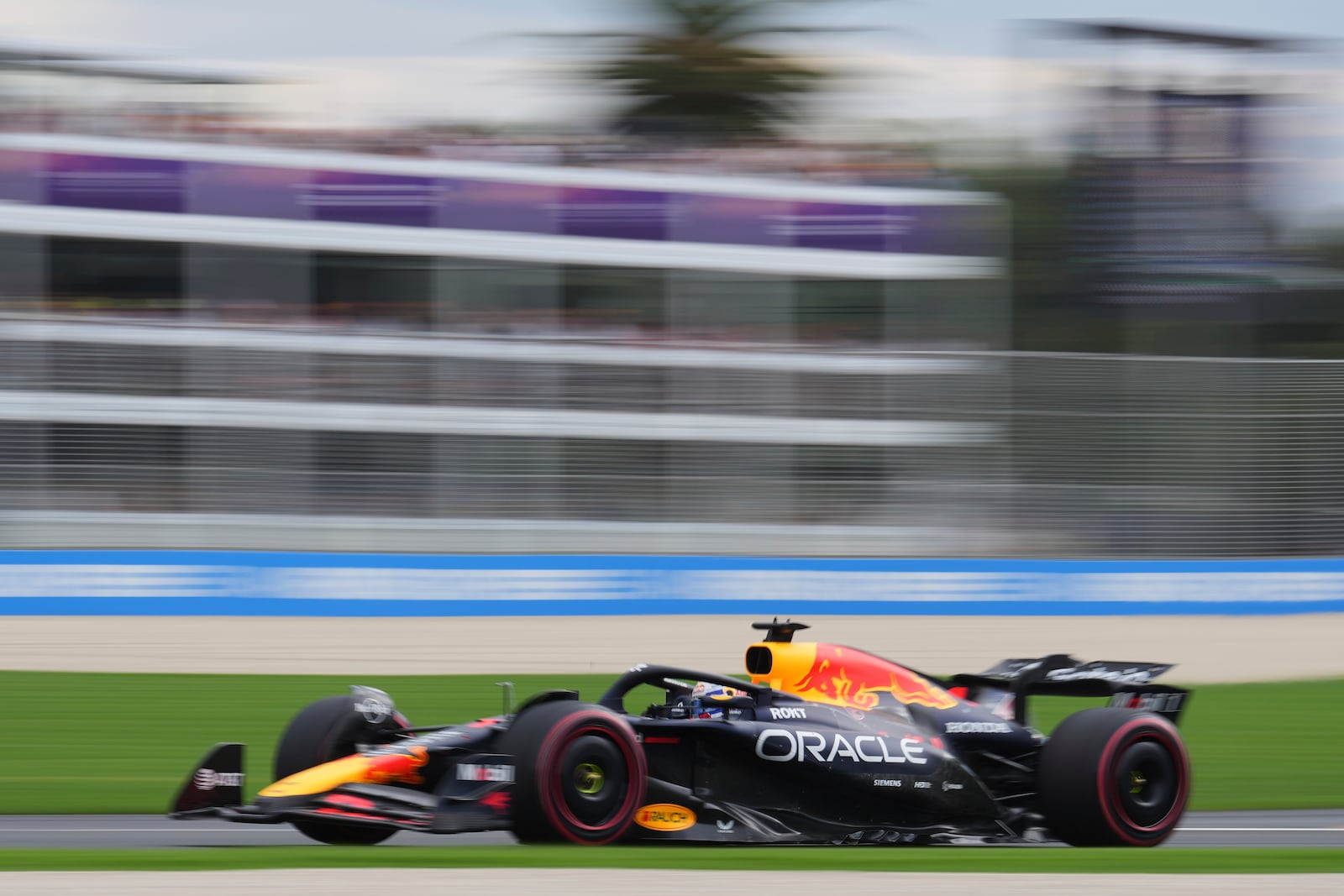 Red Bull driver Max Verstappen of the Netherlands steers his car during qualifying at the Australian Formula One Grand Prix at Albert Park, in Melbourne, Australia, Saturday, March 15, 2025. (AP Photo/Heath McKinley)