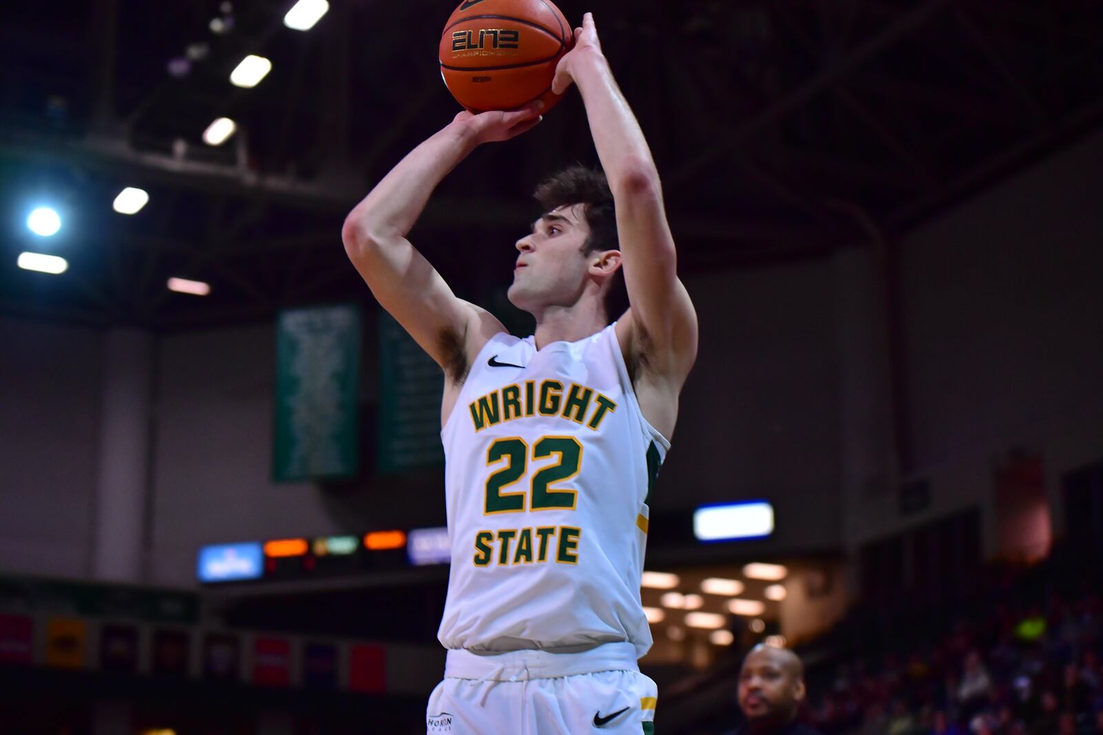 Wright State's Andrew Welage shoots a 3-pointer during Thursday's Horizon League quarterfinal vs. Oakland at the Nutter Center. Joe Craven/Wright State Athletics