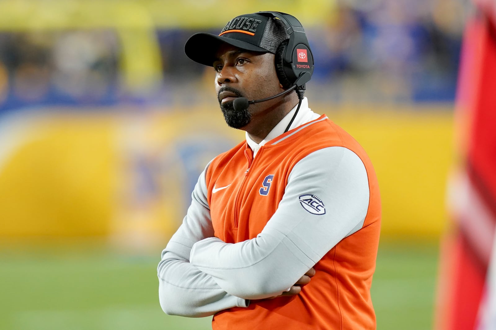 Syracuse head coach Fran Brown watches the first half of an NCAA college football game against Pittsburgh, Thursday, Oct. 24, 2024, in Pittsburgh. (AP Photo/Matt Freed)