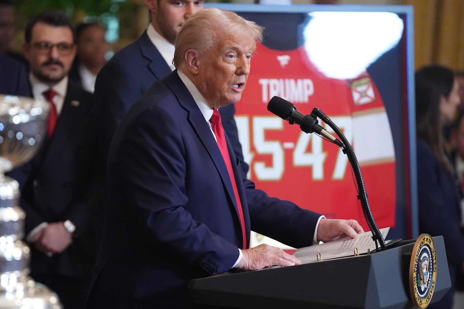 President Donald Trump speaks during an event to honor the 2024 NHL Stanley Cup champion Florida Panthers hockey team in the East Room of the White House, Monday, Feb. 3, 2025, in Washington. (AP Photo/Evan Vucci)