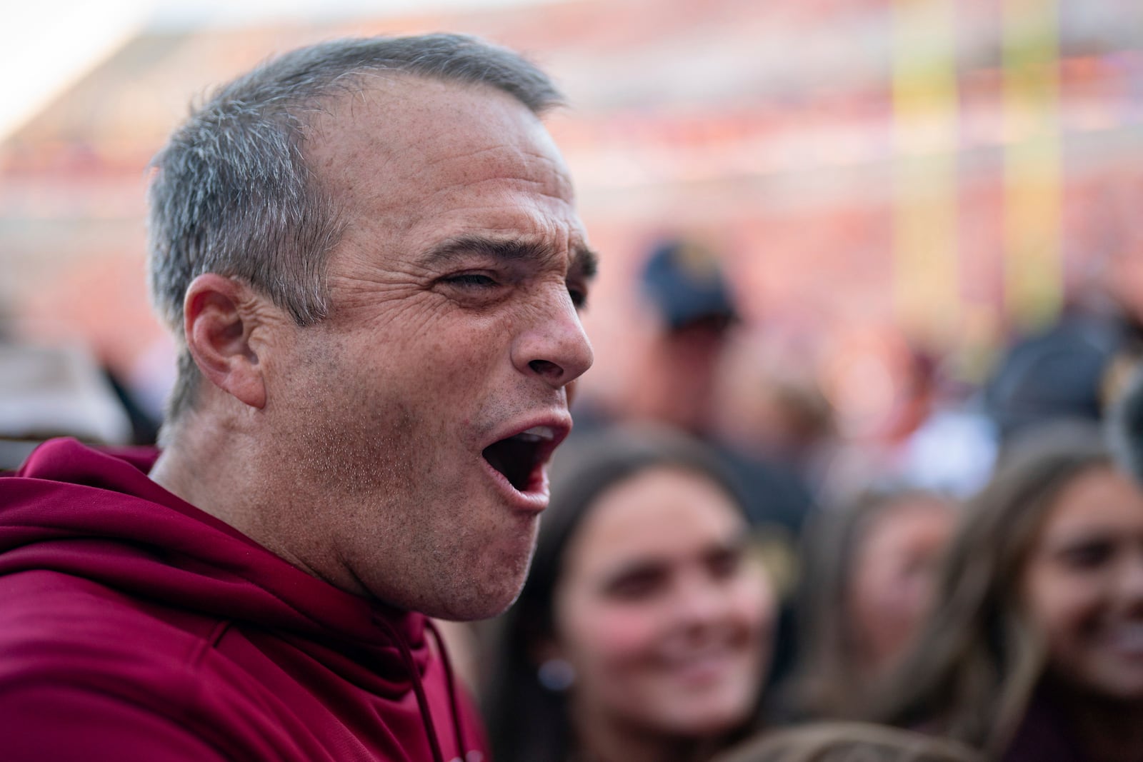 South Carolina head coach Shane Beamer celebrates after defeating Clemson in an NCAA college football game Saturday, Nov. 30, 2024, in Clemson, S.C. (AP Photo/Jacob Kupferman)