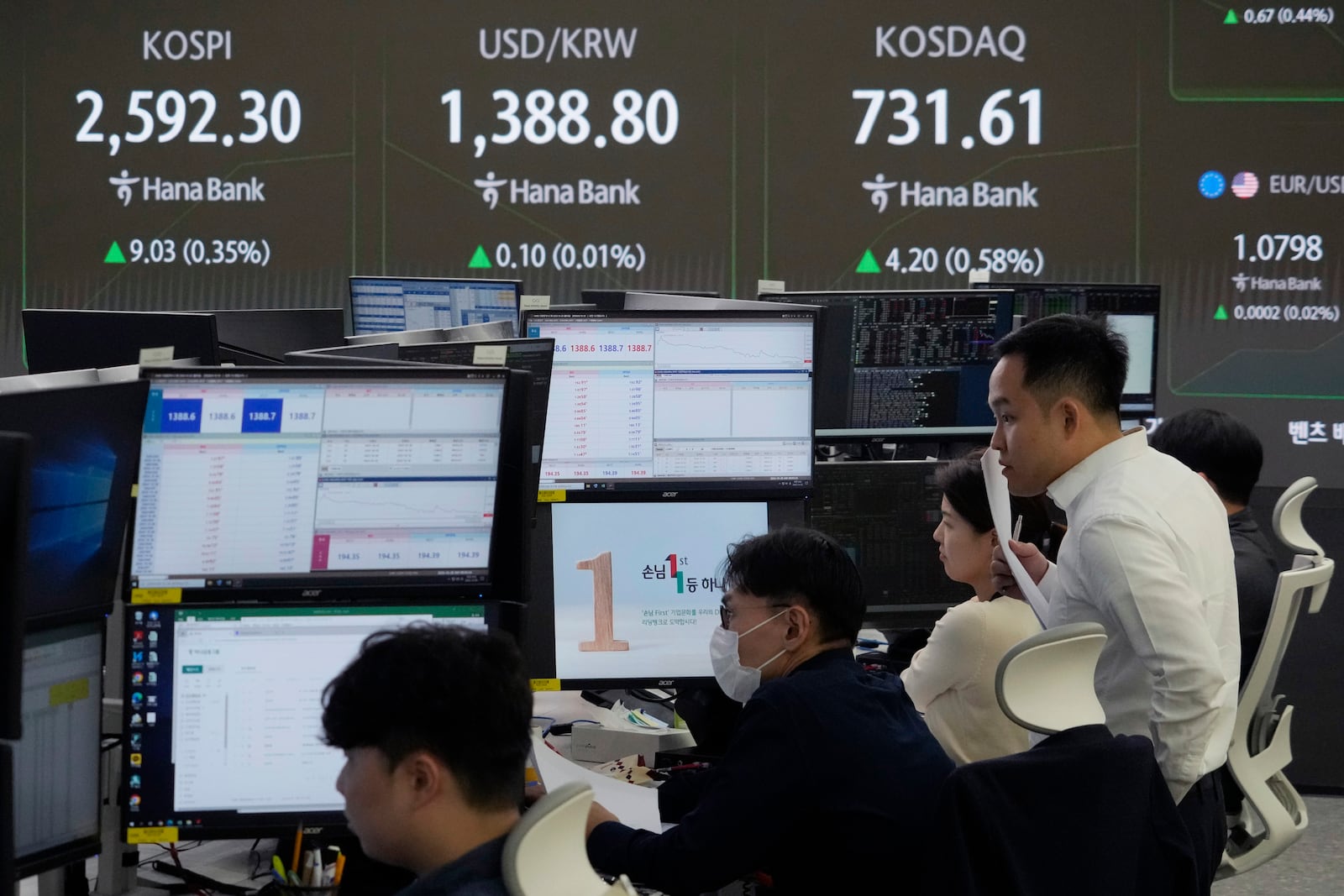 Currency traders watch monitors at the foreign exchange dealing room of the KEB Hana Bank headquarters in Seoul, South Korea, Monday, Oct. 28, 2024. (AP Photo/Ahn Young-joon)