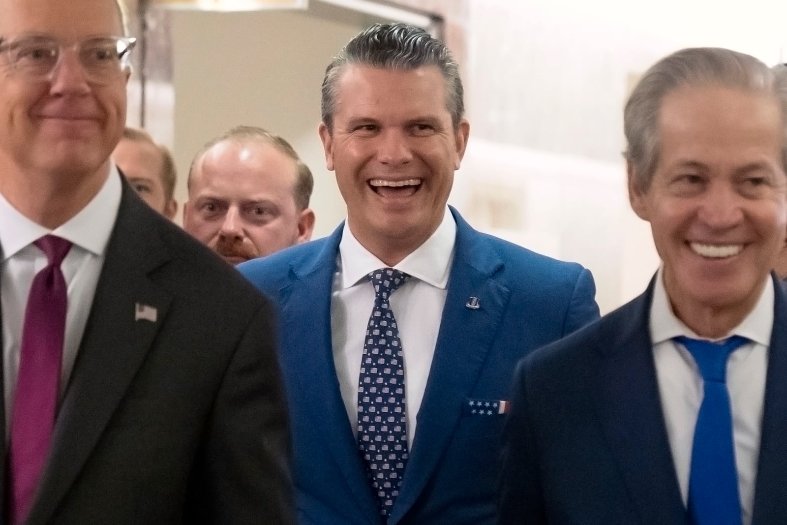 Pete Hegseth, President-elect Donald Trump's choice to be defense secretary, arrives for a meeting with Sen. Susan Collins, R-Maine, on Capitol Hill, Wednesday, Dec. 11, 2024, in Washington. (AP Photo/Mark Schiefelbein)