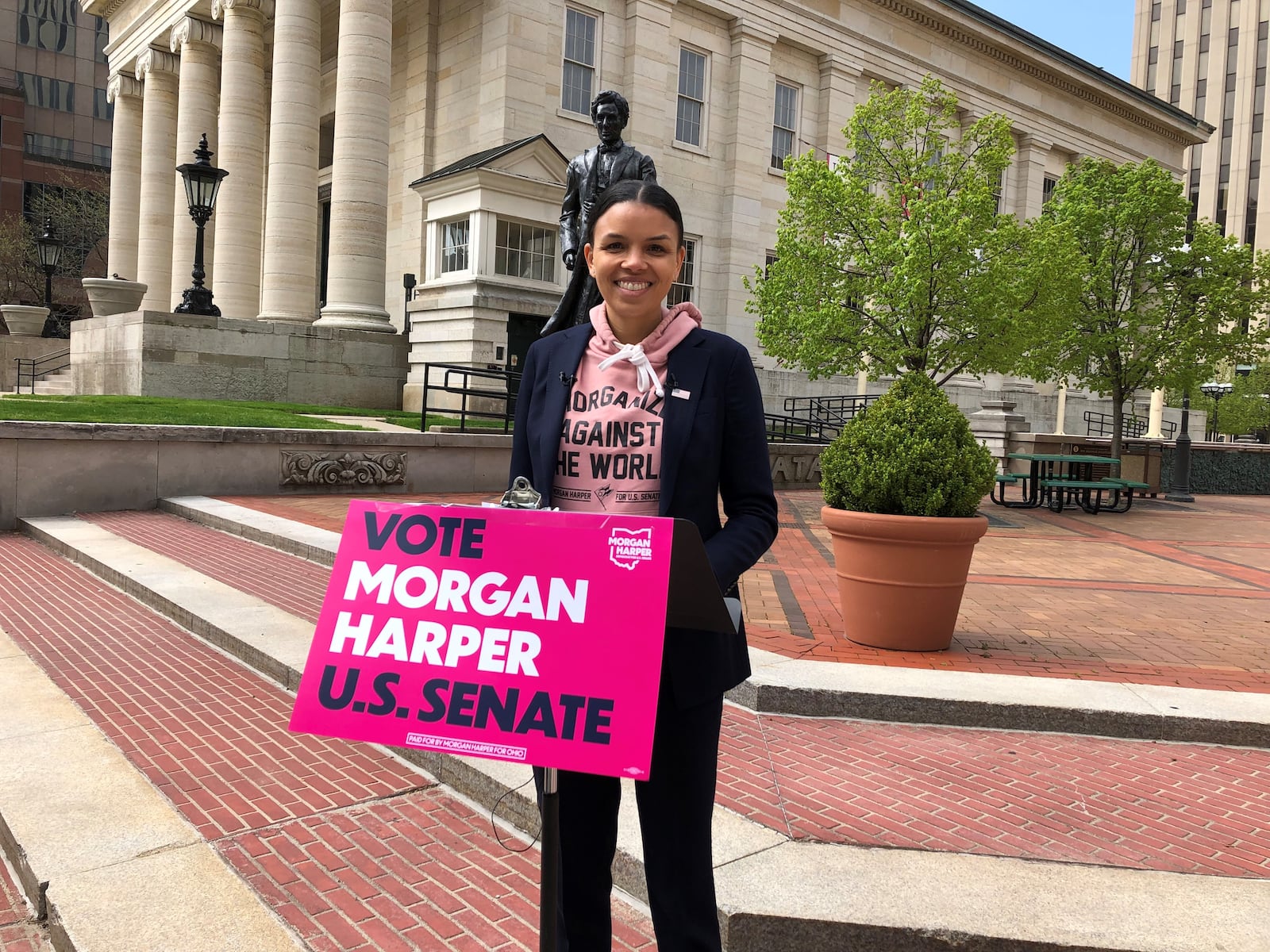 Morgan Harper of Columbus is an Ohio Democrat running for U.S. Senate in the May 3, 2022 primary. She campaigned on Courthouse Square in Dayton on April 28, 2022.