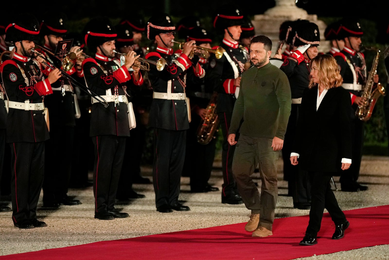 Italian Premier Giorgia Meloni, right, and Ukrainian President Volodymyr Zelenskyy meet at Villa Pamphilj, in Rome, Thursday, Oct. 10, 2024. (AP Photo/Andrew Medichini)