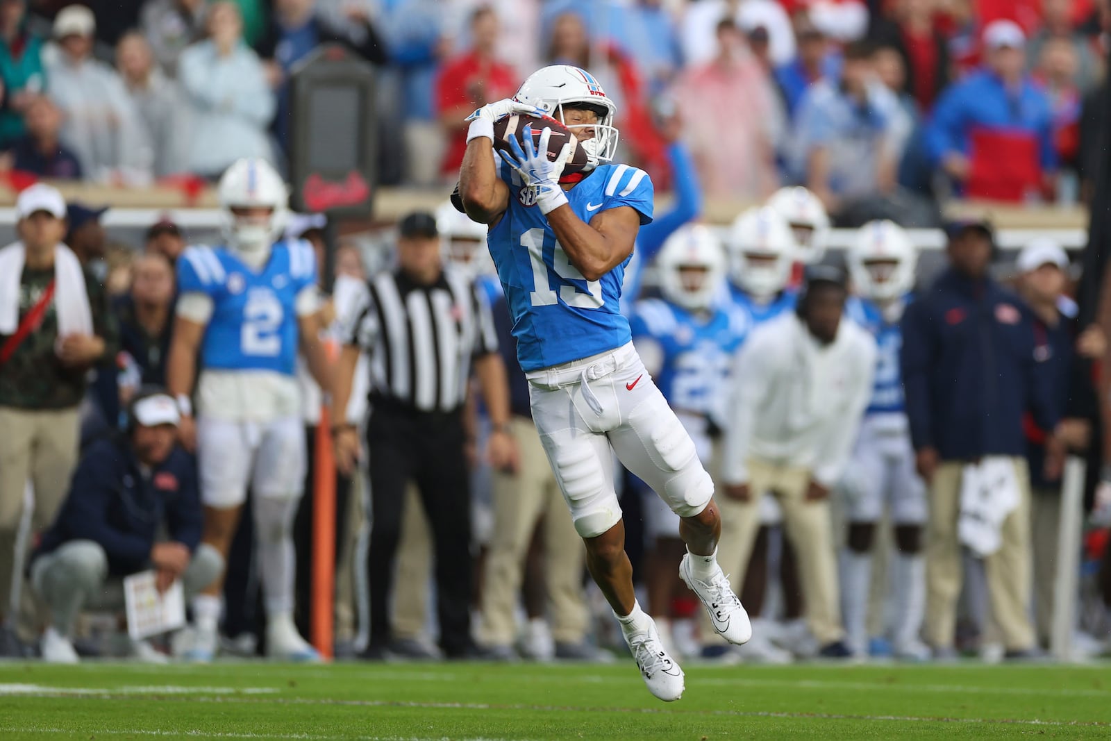 Mississippi wide receiver Cayden Lee (19) catches the ball during the first half of an NCAA college football game against Georgia on Saturday, Nov. 9, 2024, in Oxford, Miss. (AP Photo/Randy J. Williams)