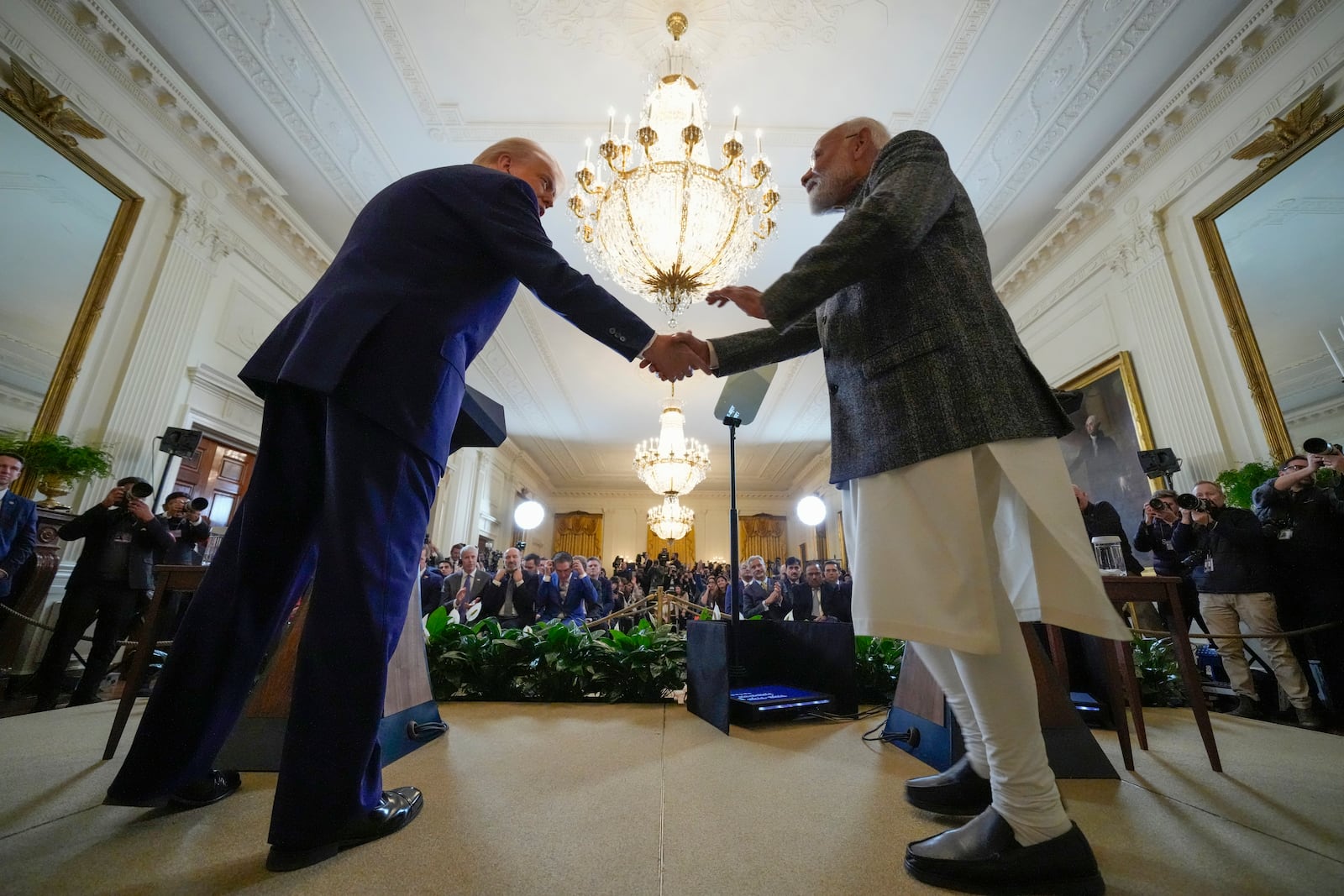 President Donald Trump and India's Prime Minister Narendra Modi shake hands during a news conference in the East Room of the White House, Thursday, Feb. 13, 2025, in Washington. (Photo/Alex Brandon)