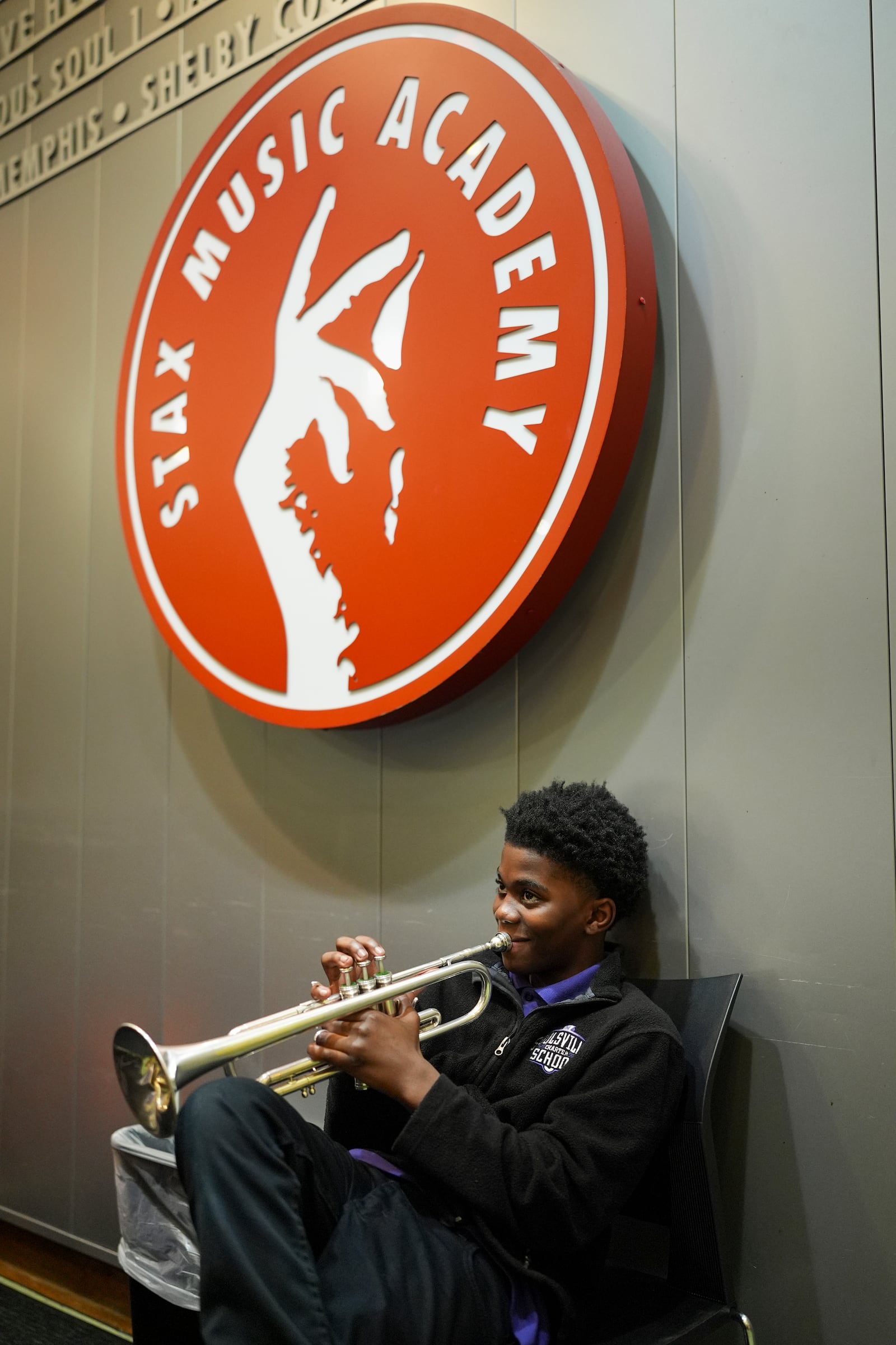 David McKinney plays his trumpet during rehearsal at the Stax Music Academy, Thursday, Jan. 30, 2025, in Memphis, Tenn. (AP Photo/George Walker IV)