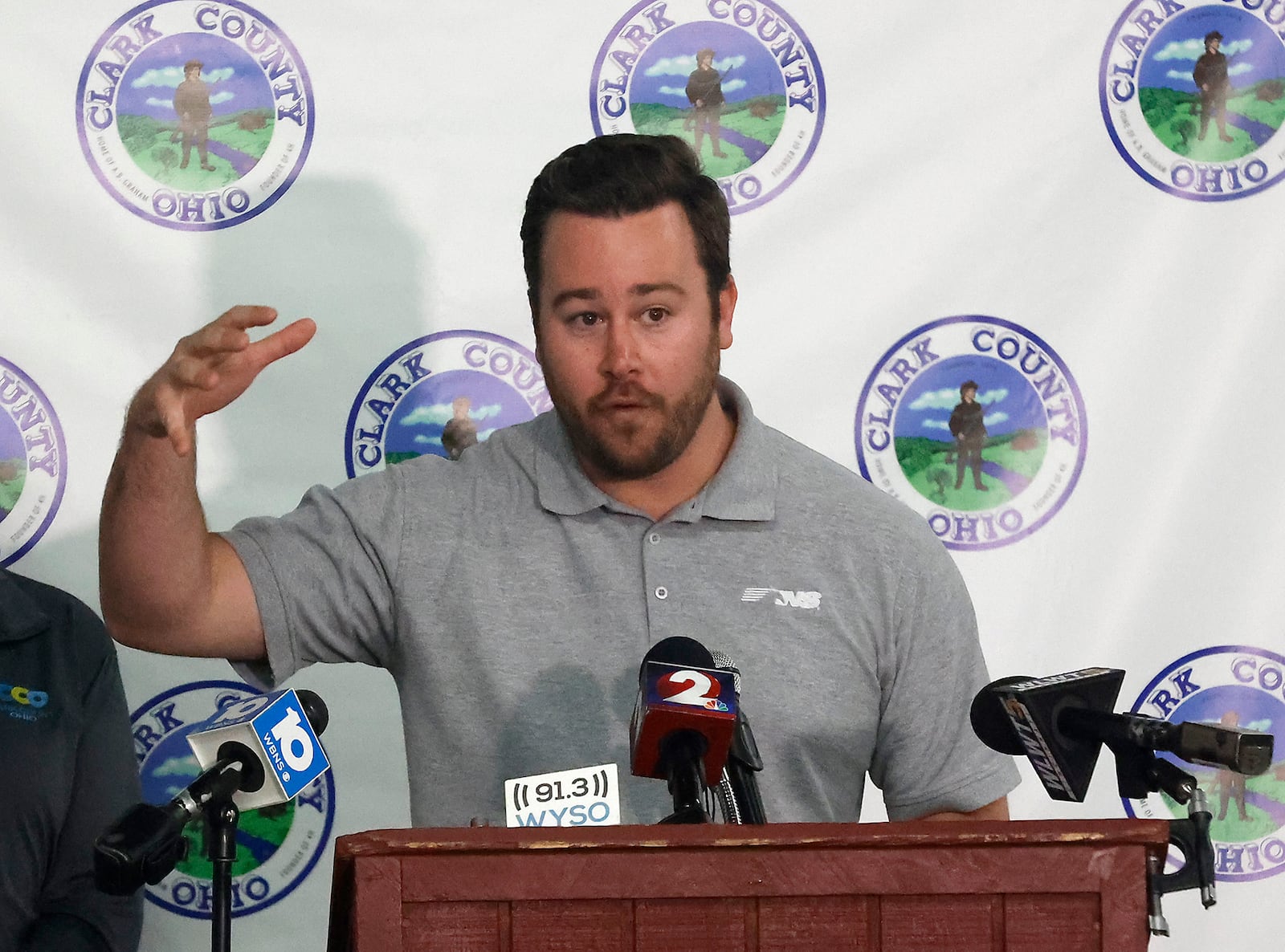 Connor Spielmaker, from Norfolk Southern, answers questions about the Clark County train derailment during a press conference Monday, March 6, 2023. BILL LACKEY/STAFF