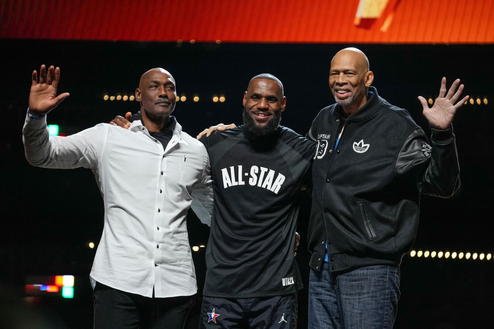 FILE - The top three all-time leading NBA scorers, LeBron James, Kareem Abdul-Jabbar and Karl Malone pose during halftime of the NBA basketball All-Star game Sunday, Feb. 19, 2023, in Salt Lake City. (AP Photo/Rick Bowmer, File)