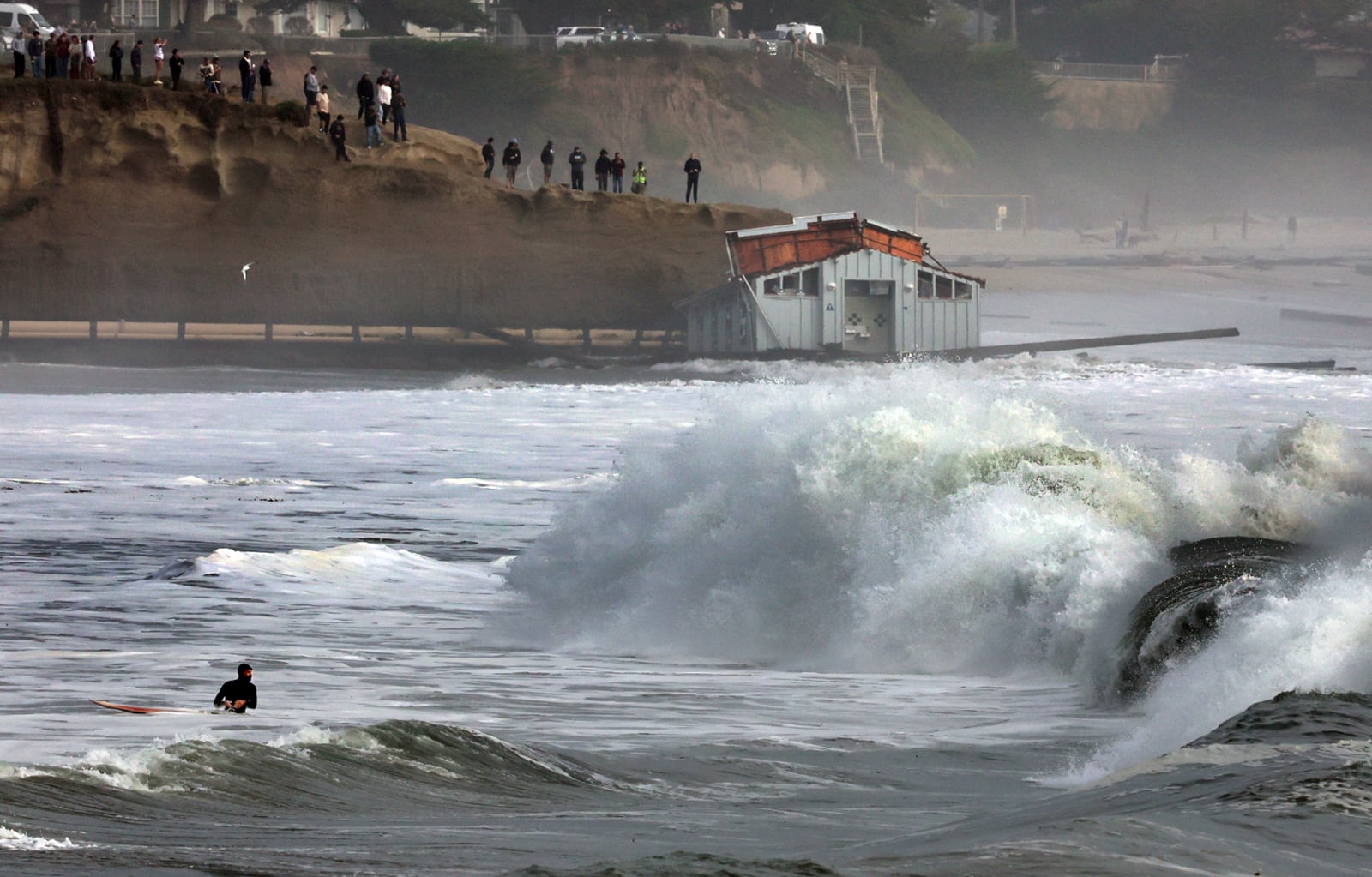 A building floats in the ocean after a wharf partially collapsed Monday, Dec. 23, 2024, in Santa Cruz, Calif. (Shmuel Thaler/The Santa Cruz Sentinel via AP)