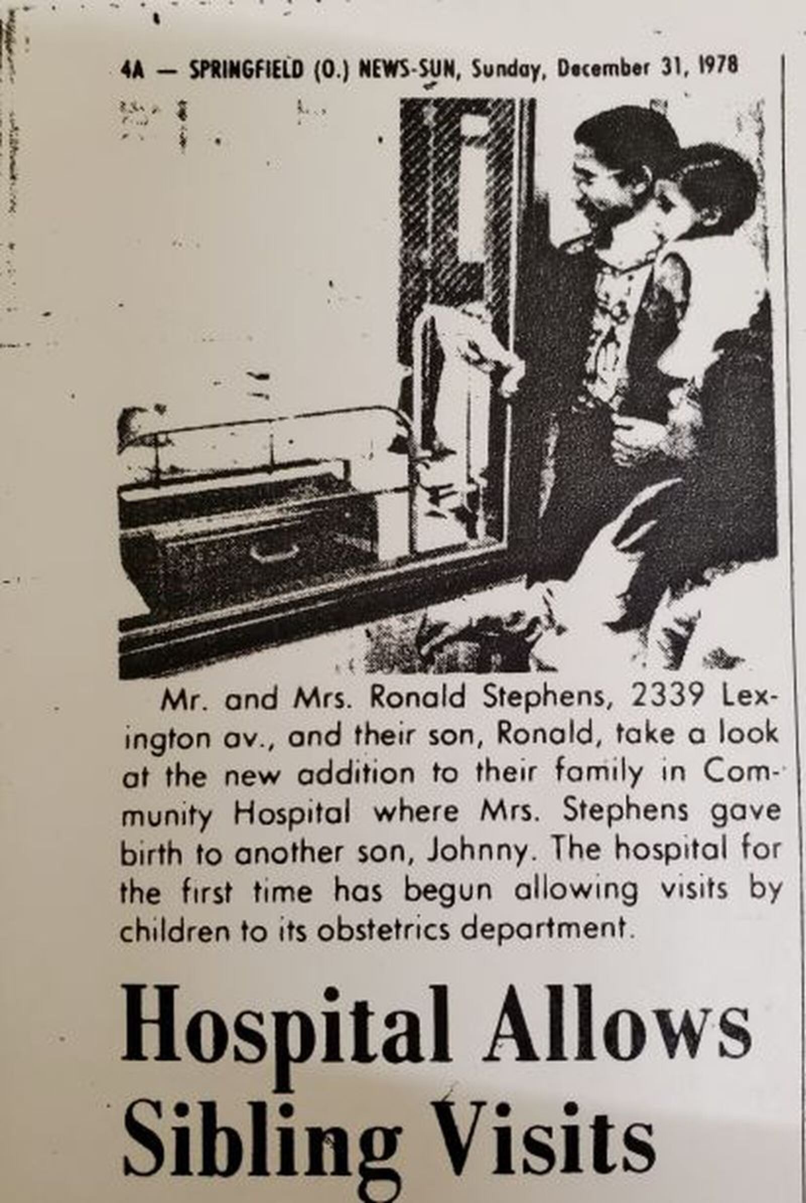 A microfilm printout of the Springfield News-Sun December 31, 1978 shows John Legend's parents and brother at Community Hospital in Springfield looking over him after he was born. The hospital for the first time allowed visits by children to its obstetrics department.