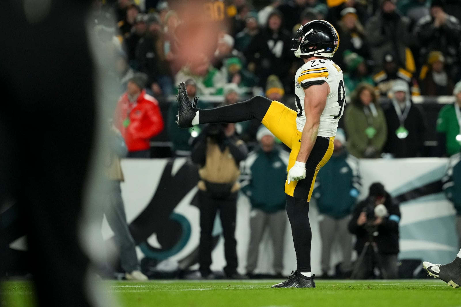 Pittsburgh Steelers linebacker T.J. Watt reacts after sacking Philadelphia Eagles quarterback Jalen Hurts (1) during the first half of an NFL football game Sunday, Dec. 15, 2024, in Philadelphia. (AP Photo/Matt Slocum)