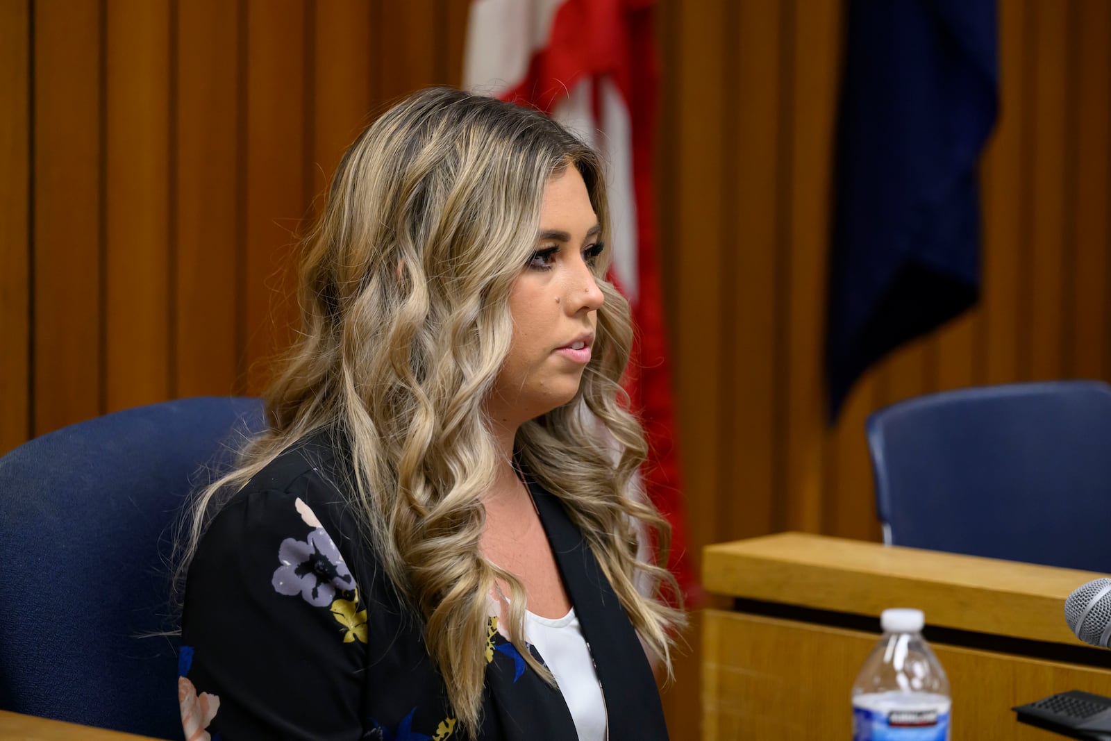 Michigan State Police criminal intelligence analyst Kelly Hodges gives testimony during a hearing by Tayna Zuvers to have her sons Andrew, Alexander, and Tanner Skelton be officially declared deceased, at Lenawee County probate court, in Adrian, Mich.,March 3, 2025. (David Guralnick/Detroit News via AP)