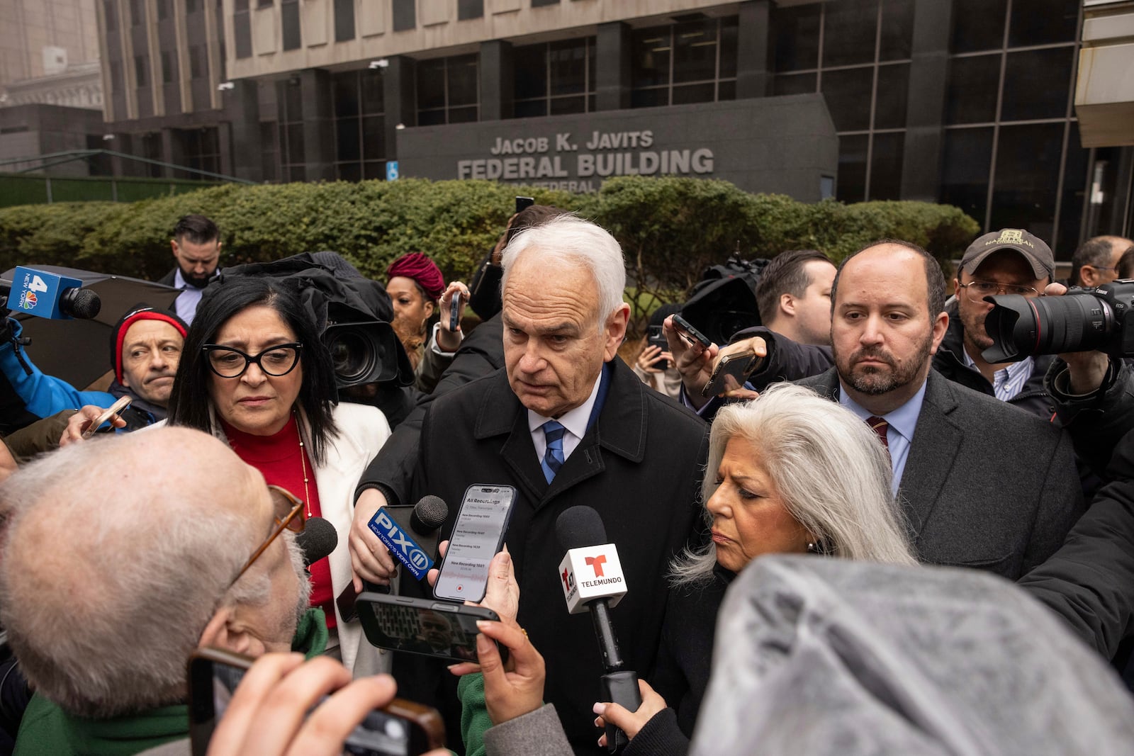 New York City Council member Robert Holden speaks to the members of the press outside the Federal Plaza, Thursday, Feb. 13, 2025, in New York. (AP Photo/Yuki Iwamura)