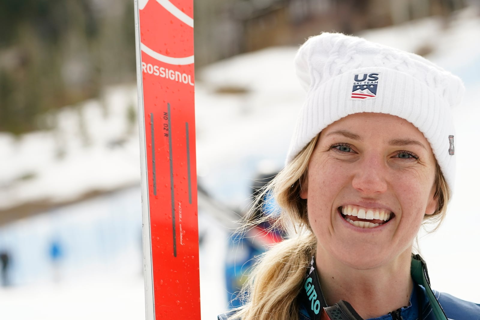 FILE - Nina O'Brien smiles after winning the women's Super-G at the U.S. Alpine Championship skiing race, Tuesday, April 13, 2021, in Aspen, Colo. (AP Photo/Robert F. Bukaty, File)