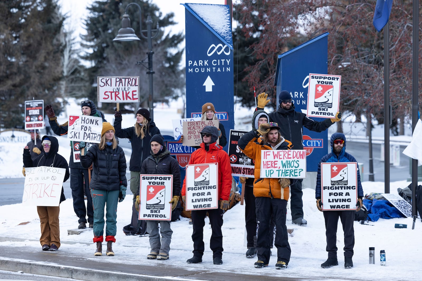 Park City Ski Patrol on strike requesting livable wages in Park City, Utah, Tuesday, Jan 7. 2025. (AP Photo/Melissa Majchrzak)